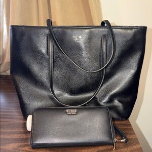 GUESS Black Leather-Texture Tote with Dual Straps + Guess Wallet